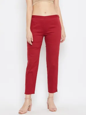 Women Maroon Regular Fit Solid Pants