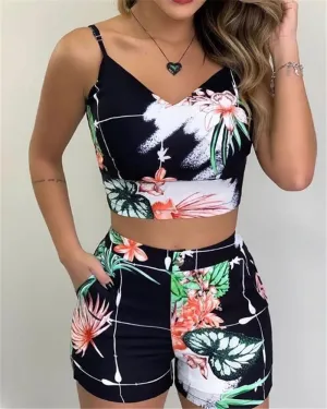 Women Summer 2-Piece Sleeveless Print Top and Shorts Set