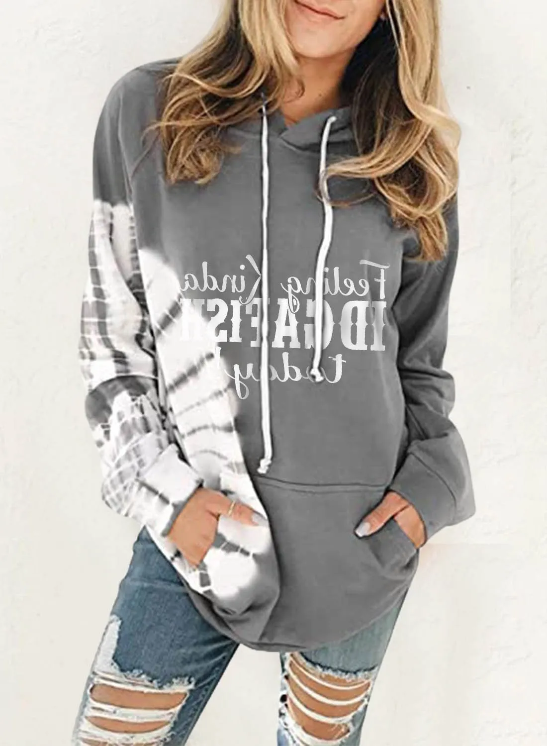 Women's Hoodies Letter Solid Drawstring Pocket Long Sleeve Casual Hoodies